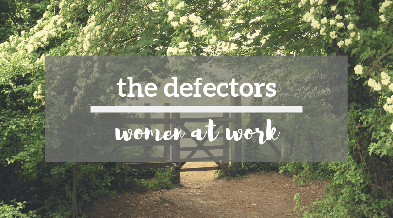 wooden post fence, surrounded by flowering trees, with "The Defectors: Women at Work" overlaid in white text