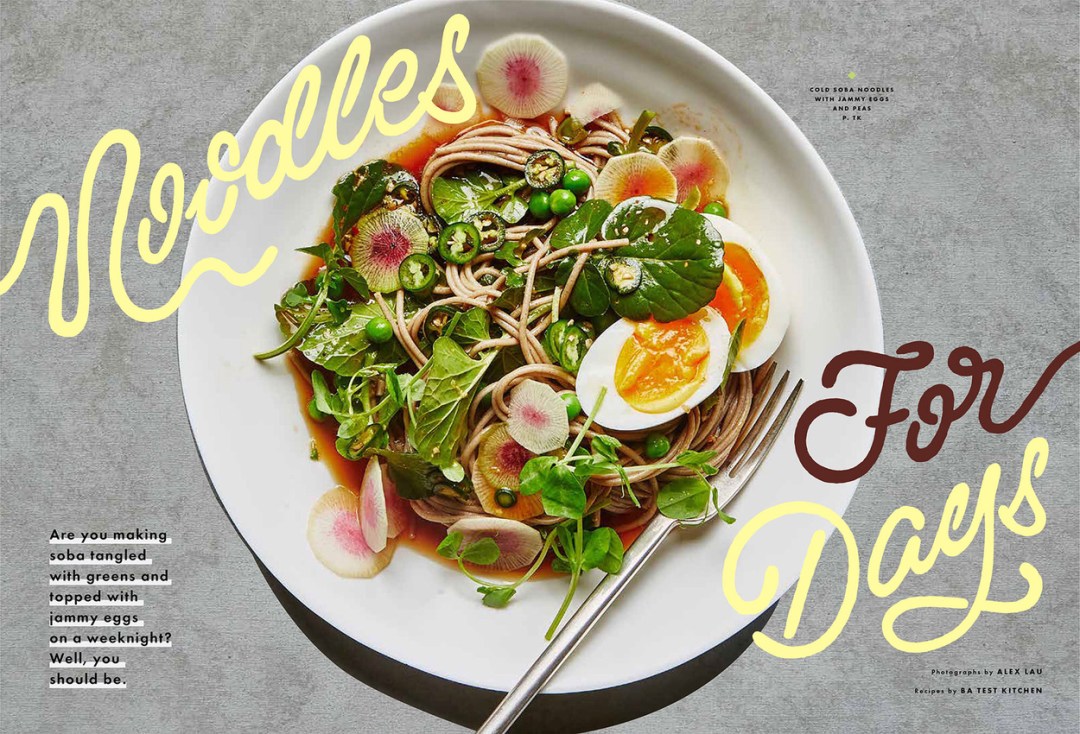 A bowl of soba noodles with greens and eggs sits in a white bowl with a fork, on a gray granite-like countertop. The lettering spells "Noodles for Days"